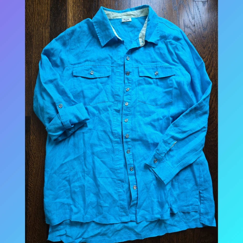 Linen Tunic‎ Shirt Bright Blue Symple NYC Size M
